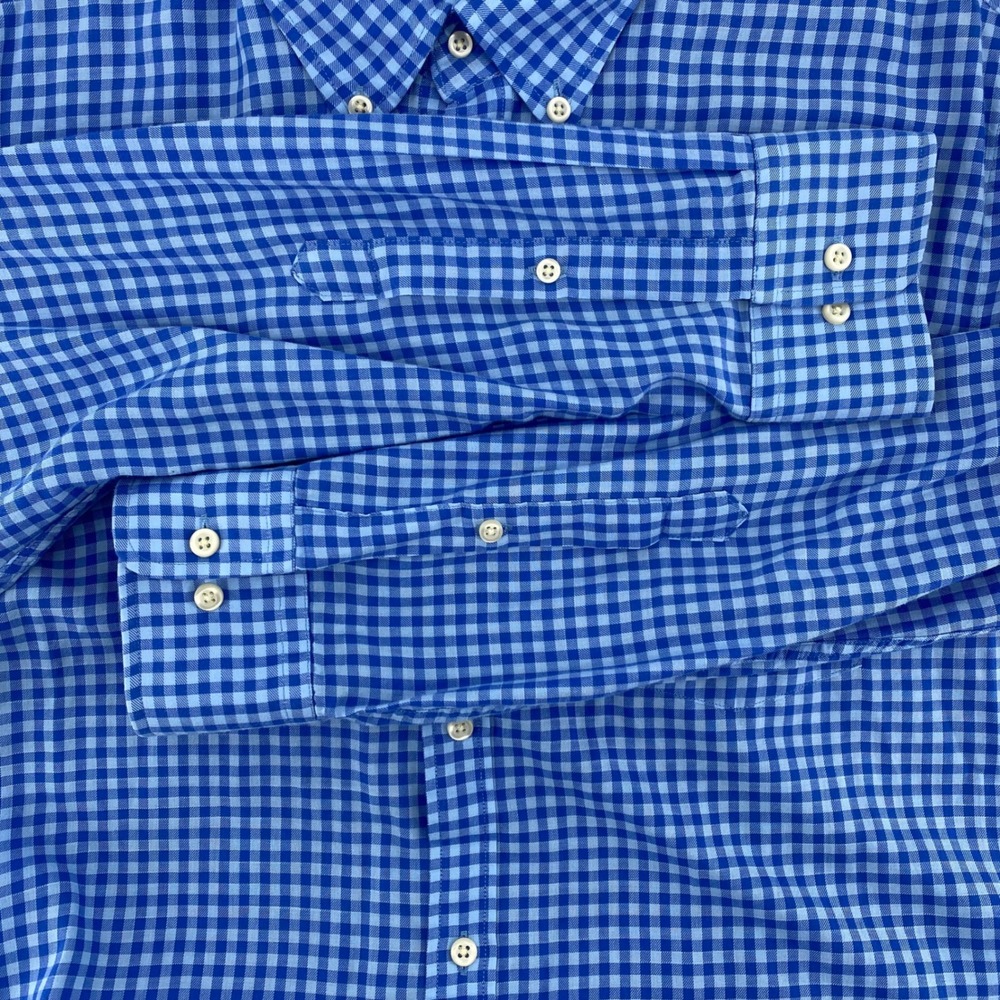 Peter Millar Mens Blue Gingham Plaid Long Sleeve Button Down Shirt Large L - Picture 6 of 9